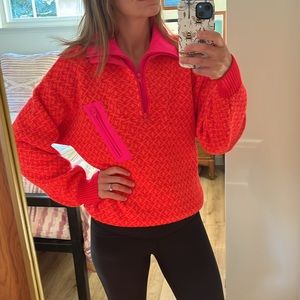 Vintage Obermeyer ski sweater pullover quarter zip orange pink Kess knit S